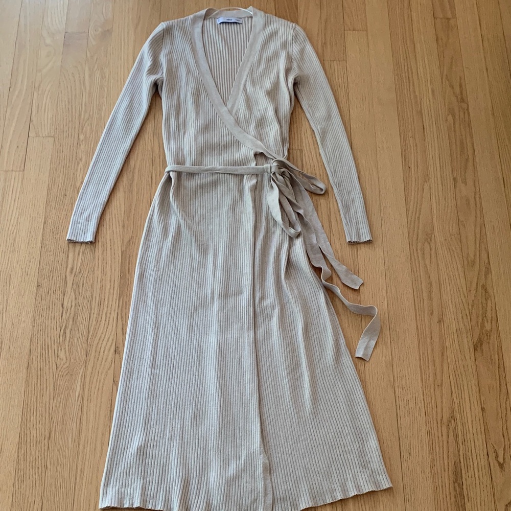 Mango Long Sleeve Wrap Maxi Dress in Light Beige